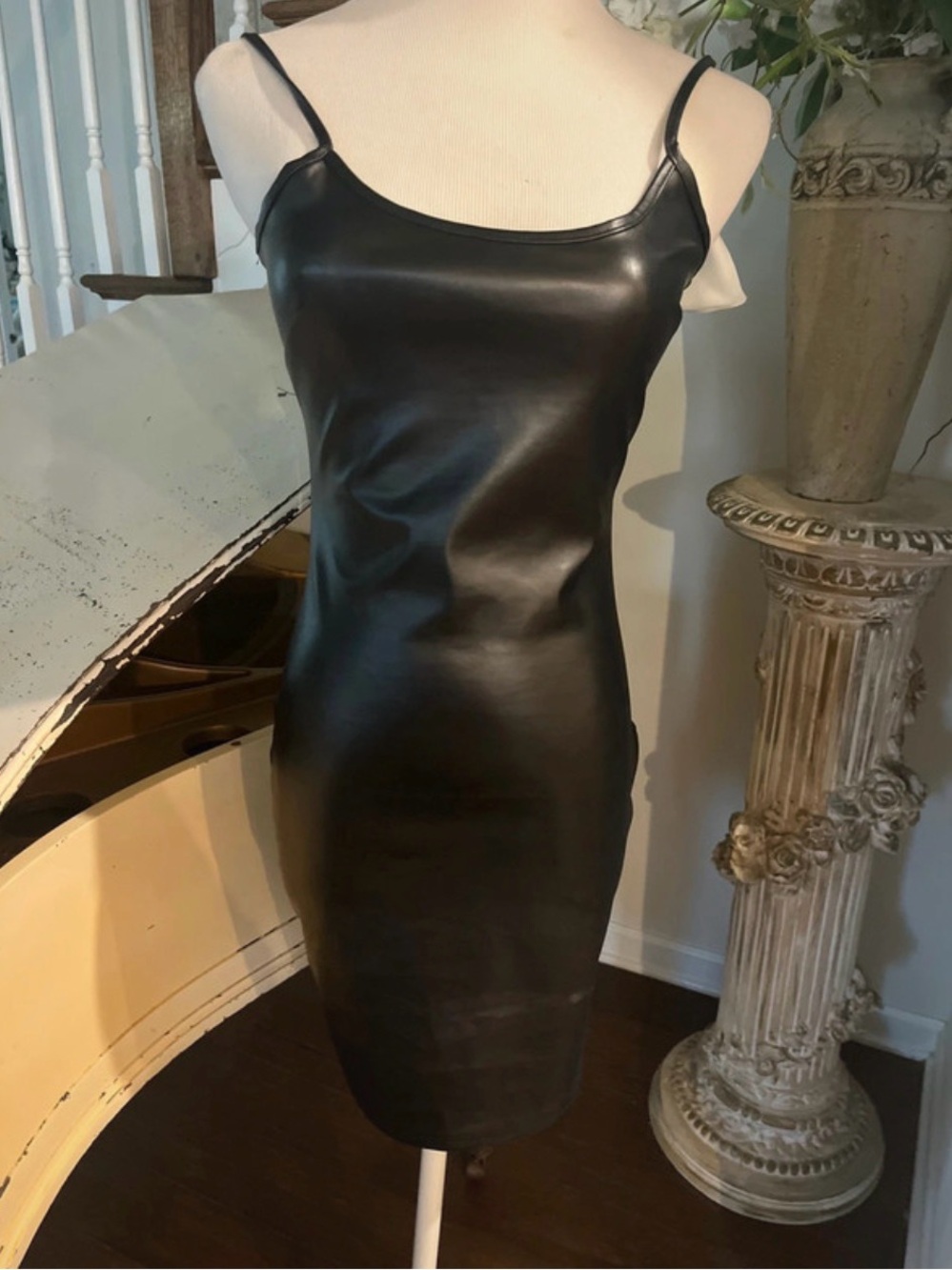 Black Faux Leather Mini Slip Dress with Thin Straps